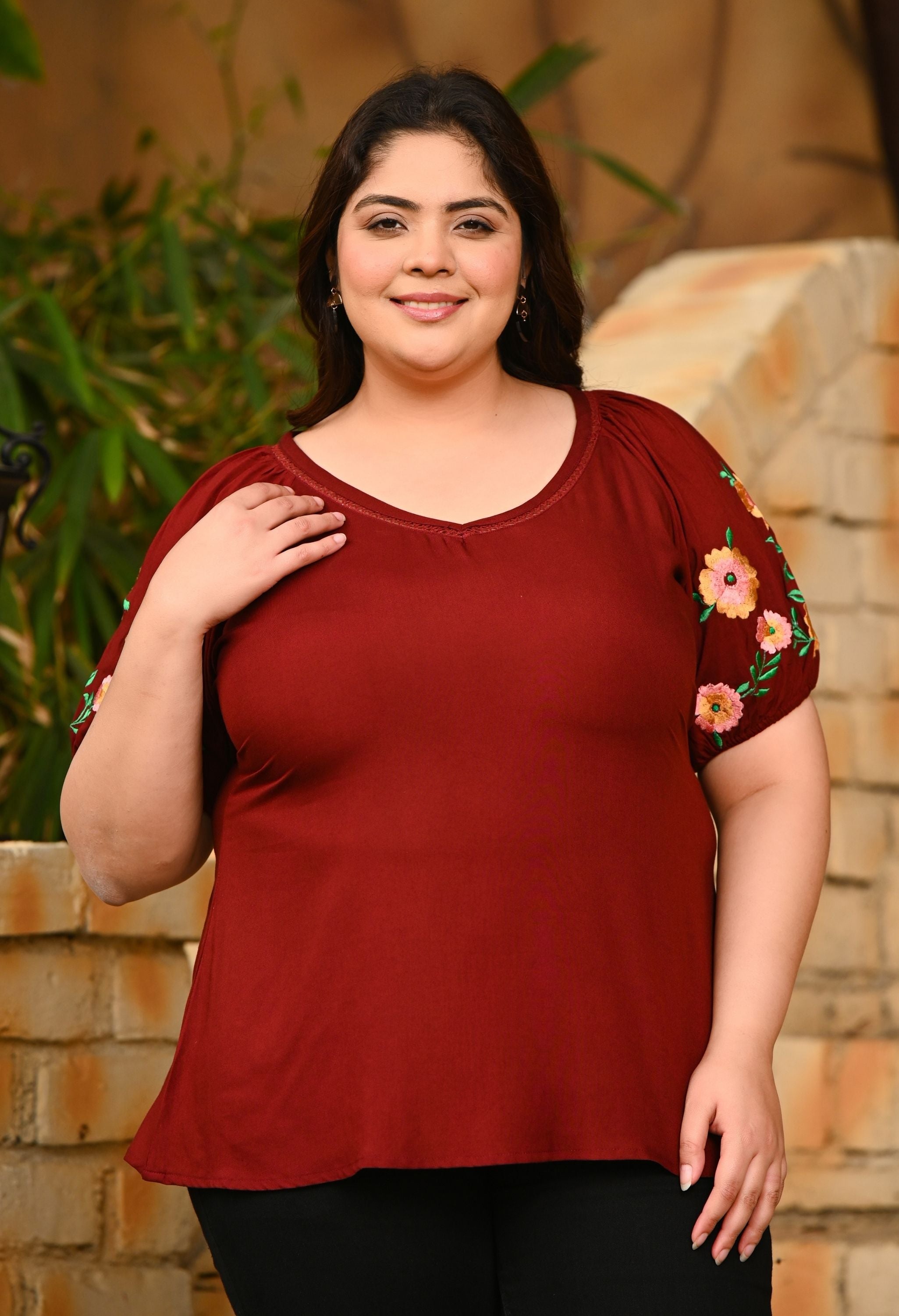Plus Size Rust Embroidered Rayon Top