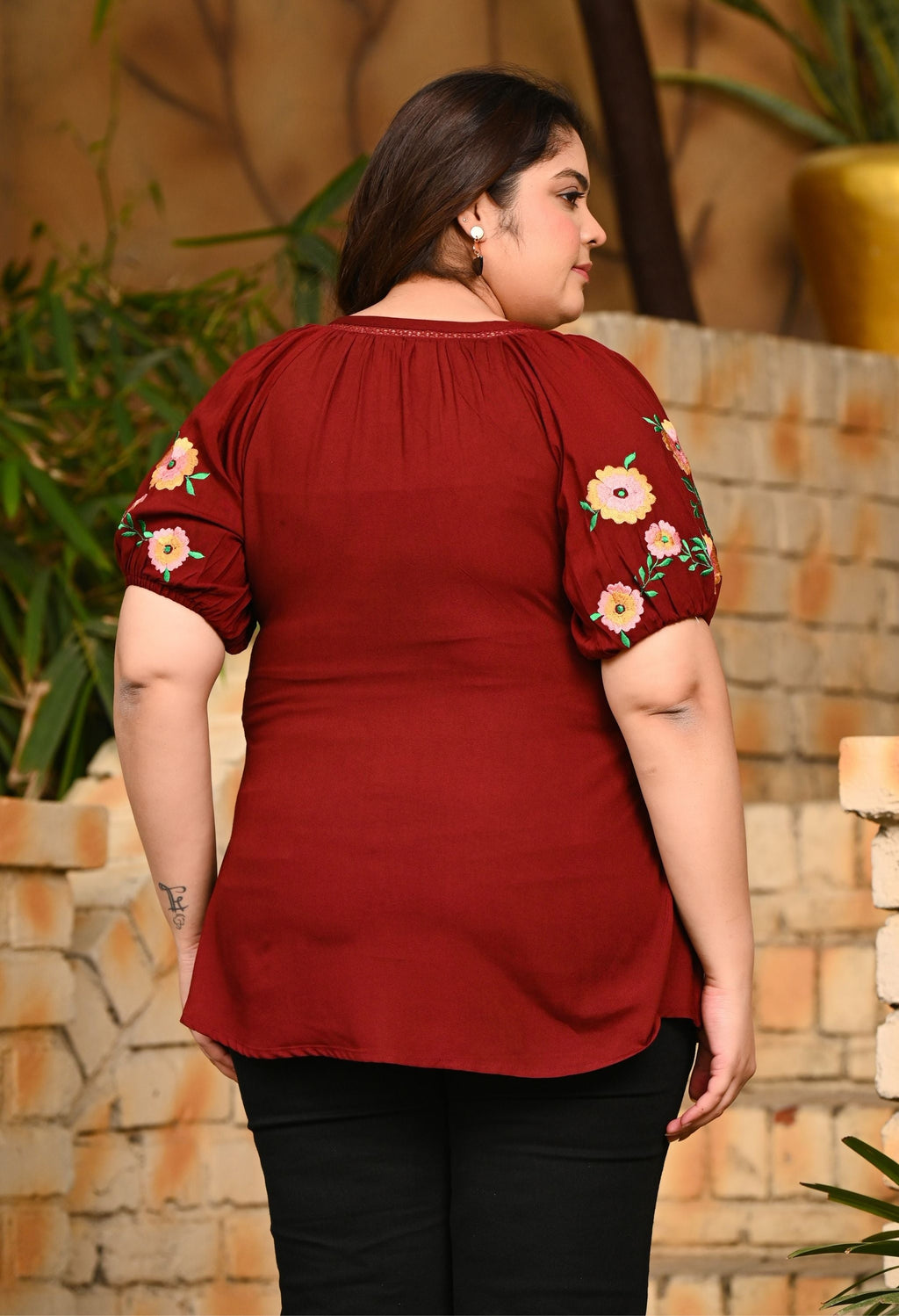 Plus Size Rust Embroidered Rayon Top