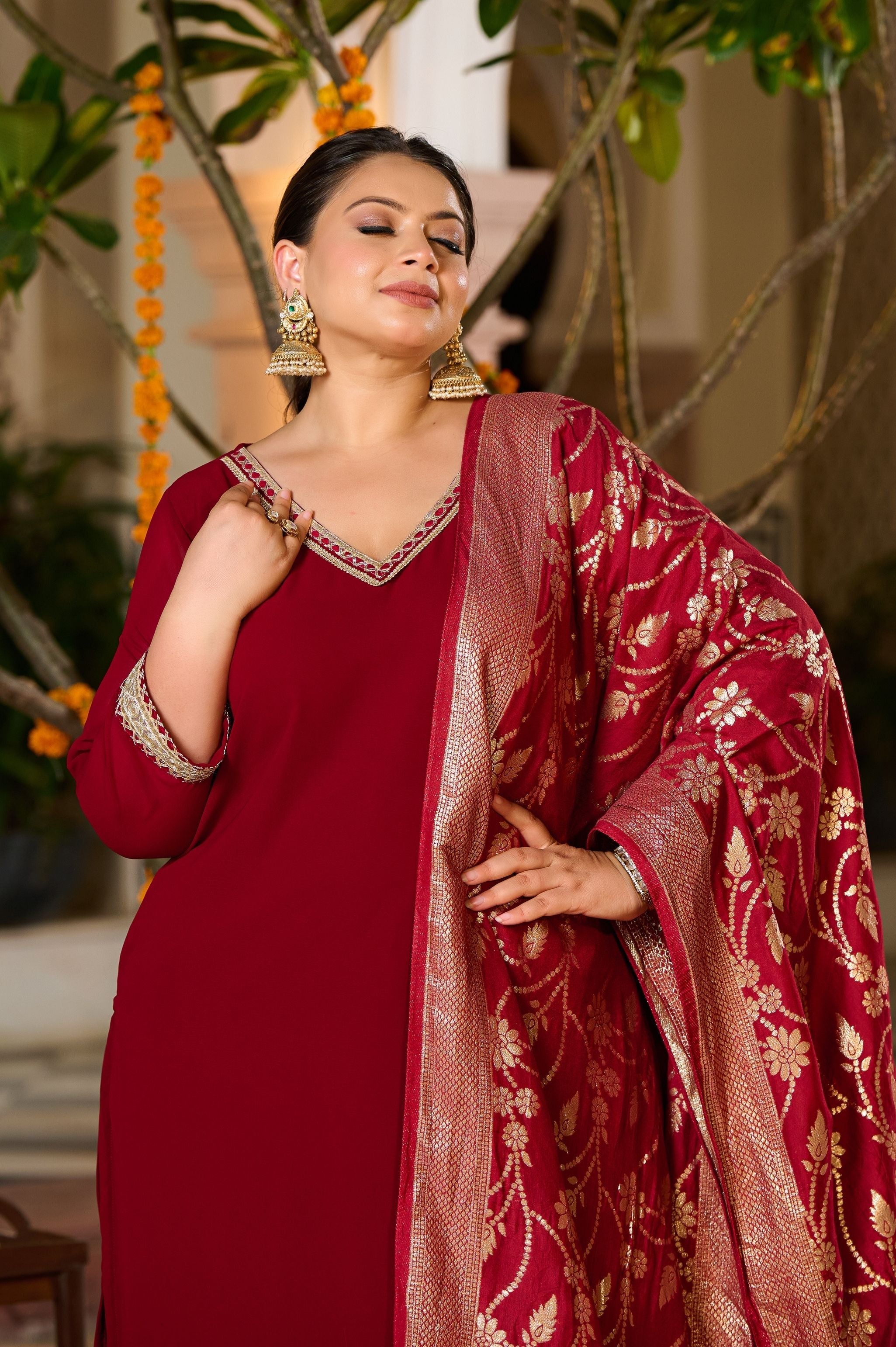 Plus Size Crimson Charm Festive Suit with Golden Accents