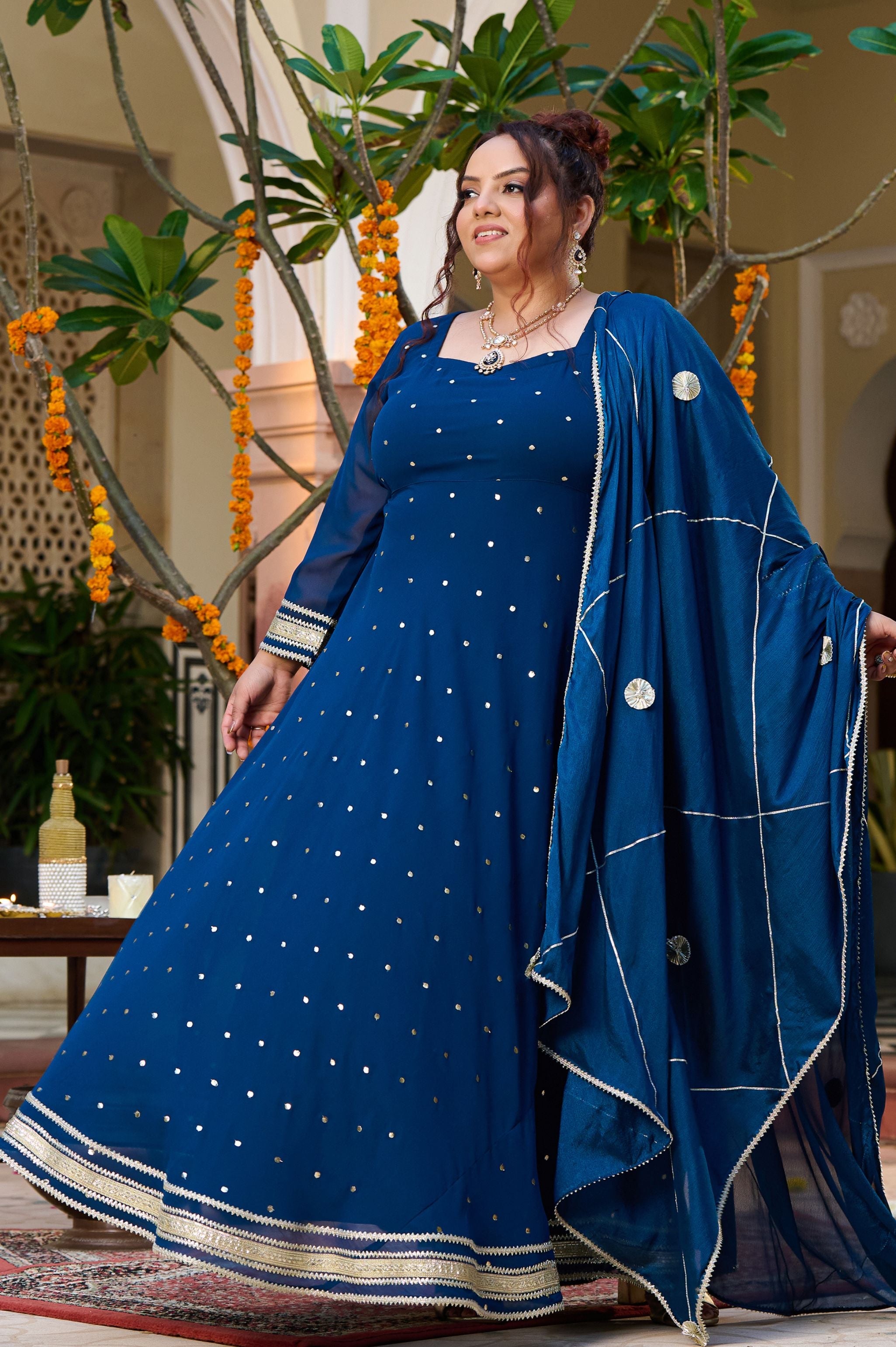 Plus Size Enchanted Elegance Teal Mukaish Anarkali with Dupatta