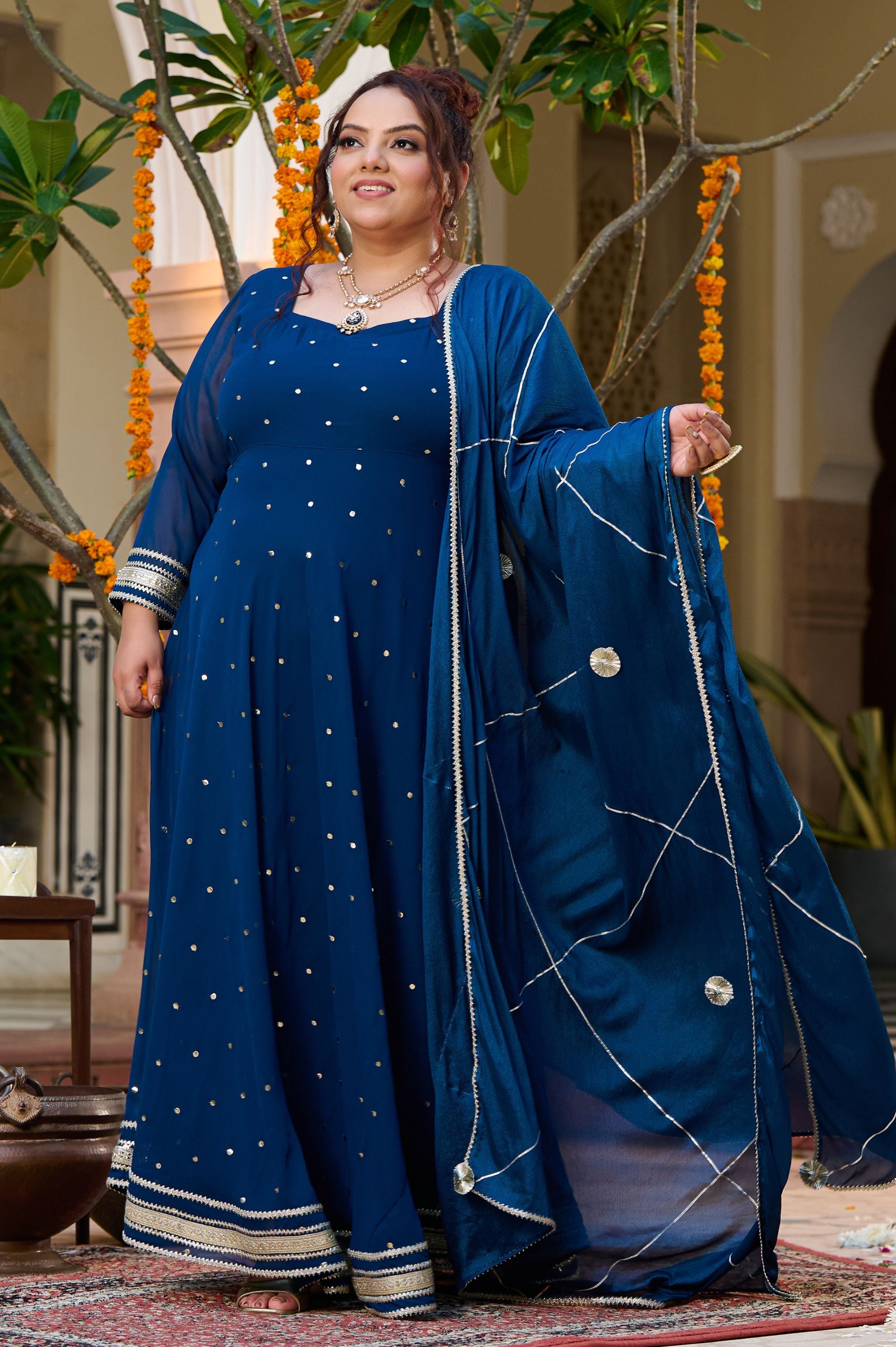 Plus Size Enchanted Elegance Teal Mukaish Anarkali with Dupatta