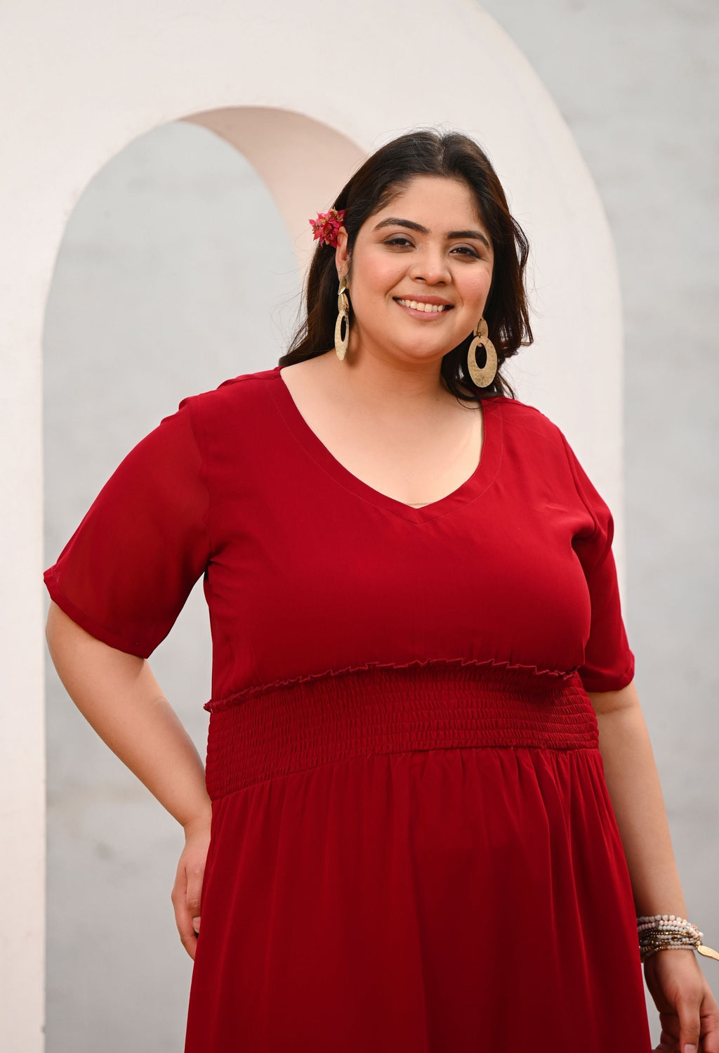 Plus Size Flattering Maroon Smocked Waist Midi Dress