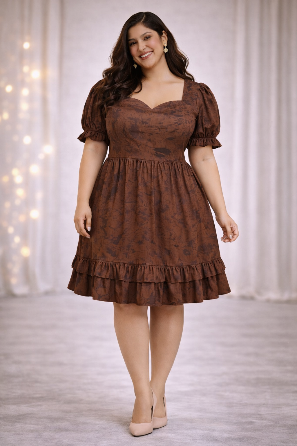 Plus Size Brown Tye Dye Prism Puff Sleeve Dress