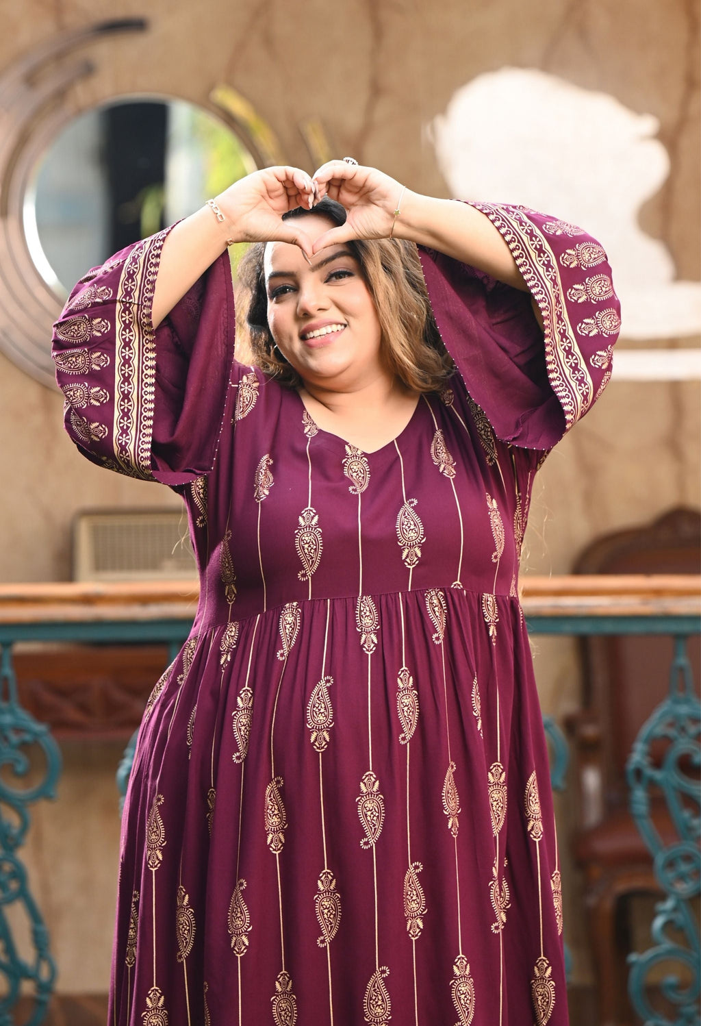 Plus Size Wine Gold Printed Flared Sleeves Rayon Dress