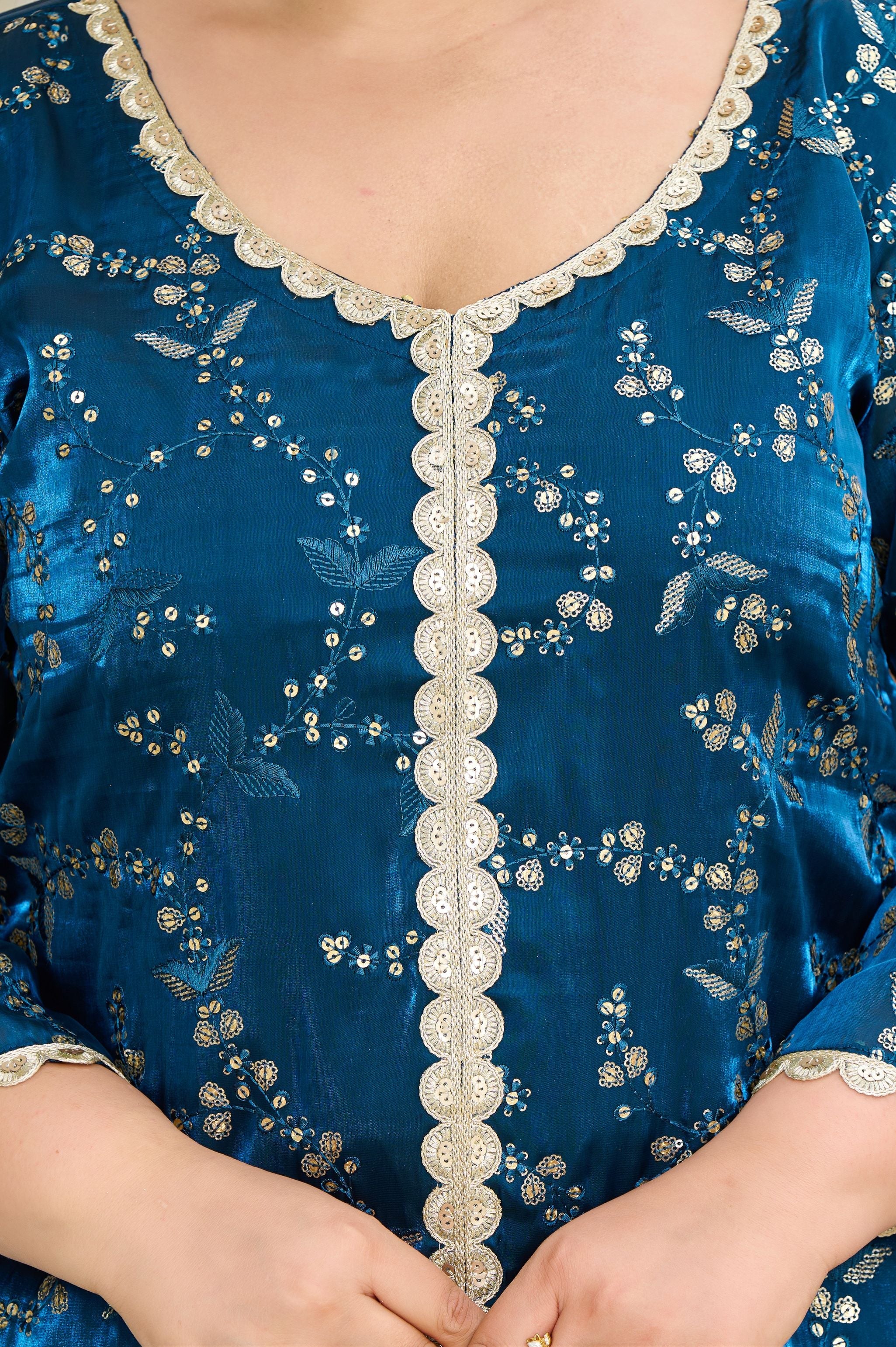 Plus Size Exclusive Festive Teal Embroidered Jimmy Choo Co-ord Set