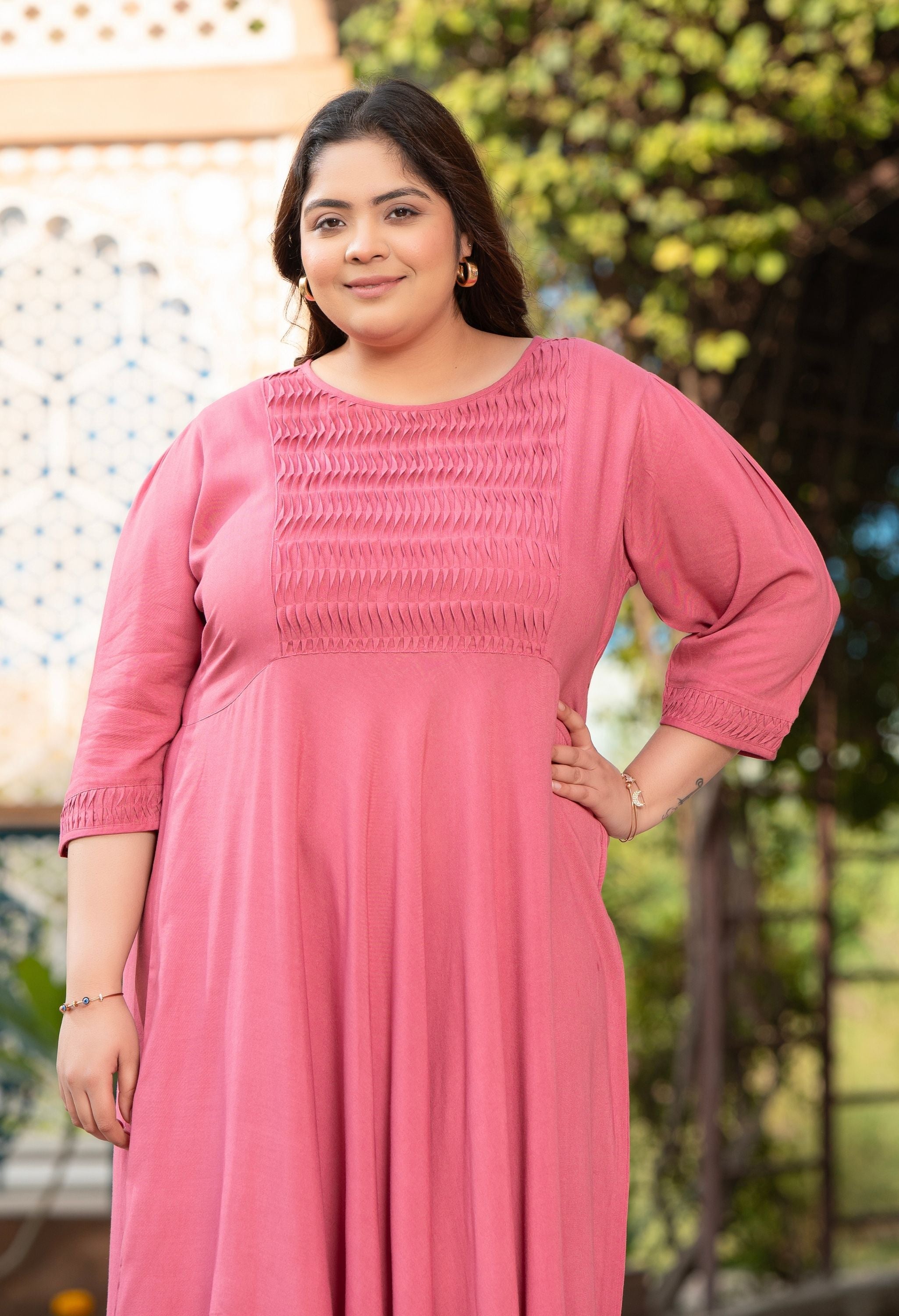 Plus Size Charming Pink Rayon Pintuck Dress