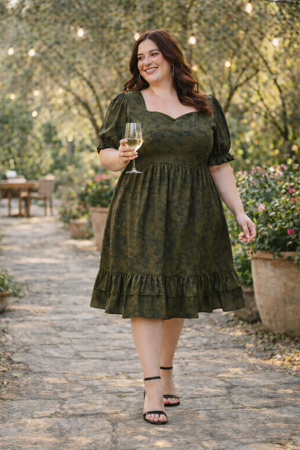 Plus Size Olive Green Tye Dye Prism Puff Sleeve Dress