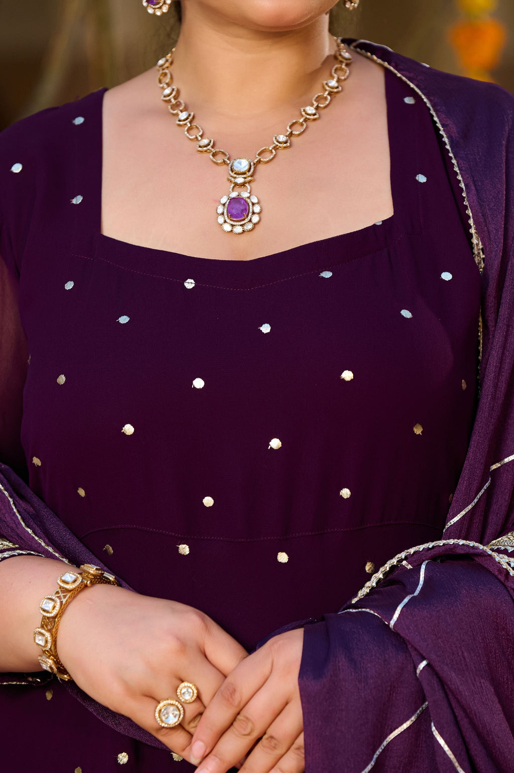 Plus Size Plum Royale Georgette Anarkali with Mukaish Work & Dupatta