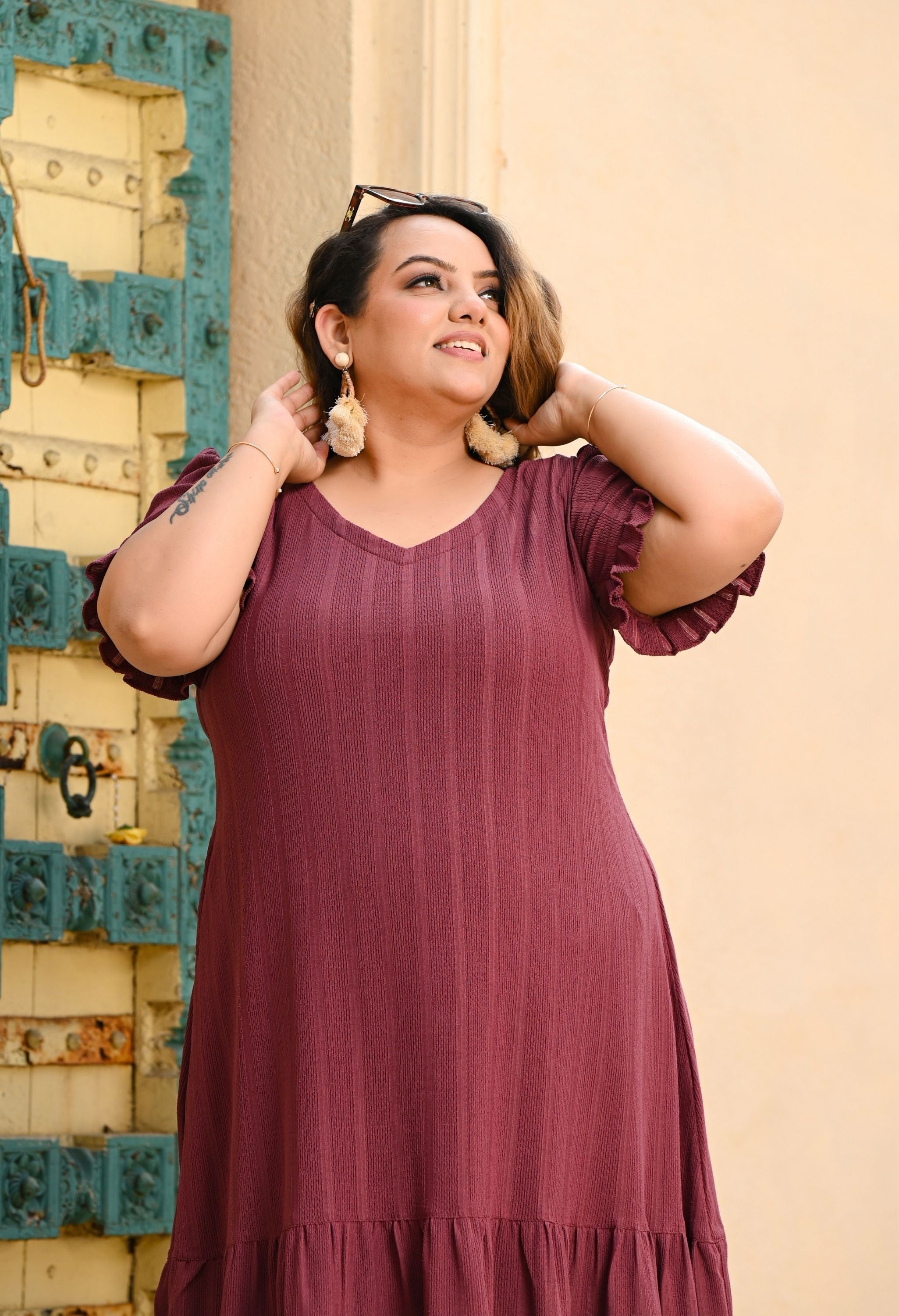 Plus Size Chestnut Copper Double Frilled Dress