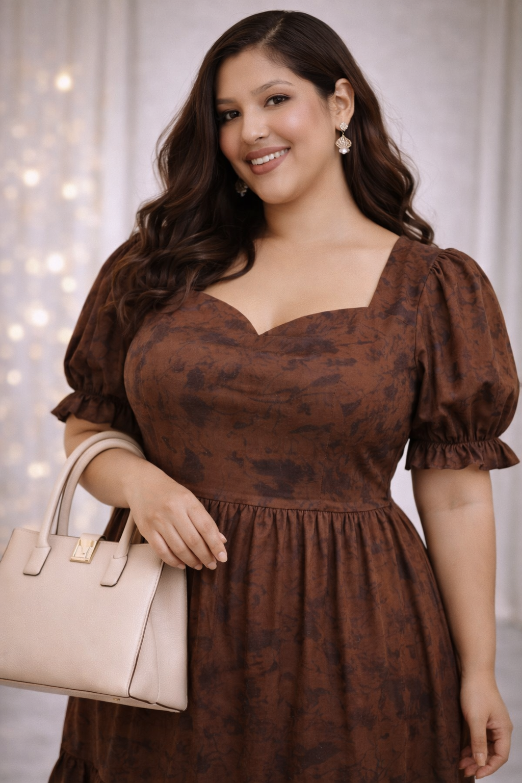 Plus Size Brown Tye Dye Prism Puff Sleeve Dress