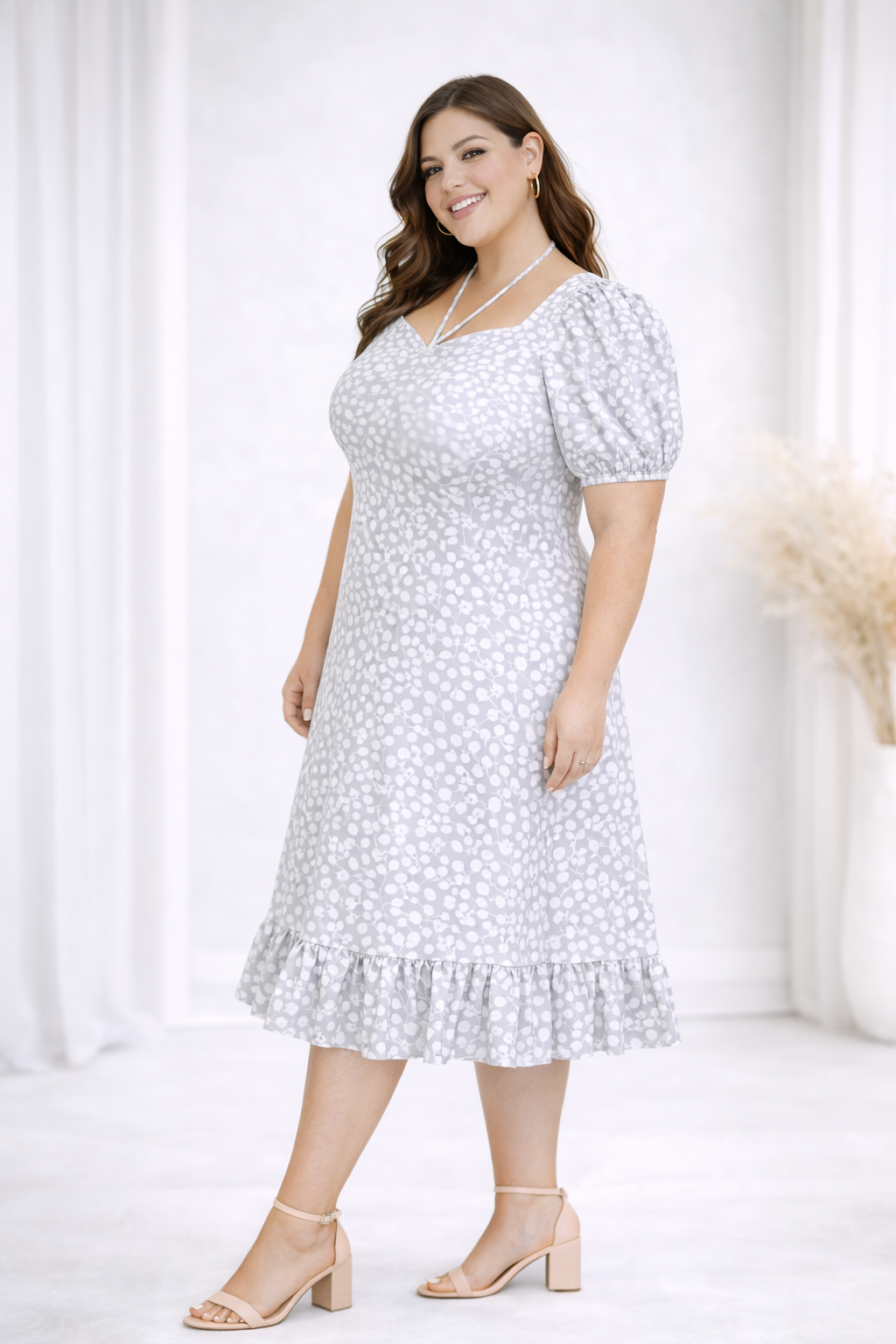 Plus Size Grey Floral Midi Dress with Sweetheart Neck & Ruffle Hem