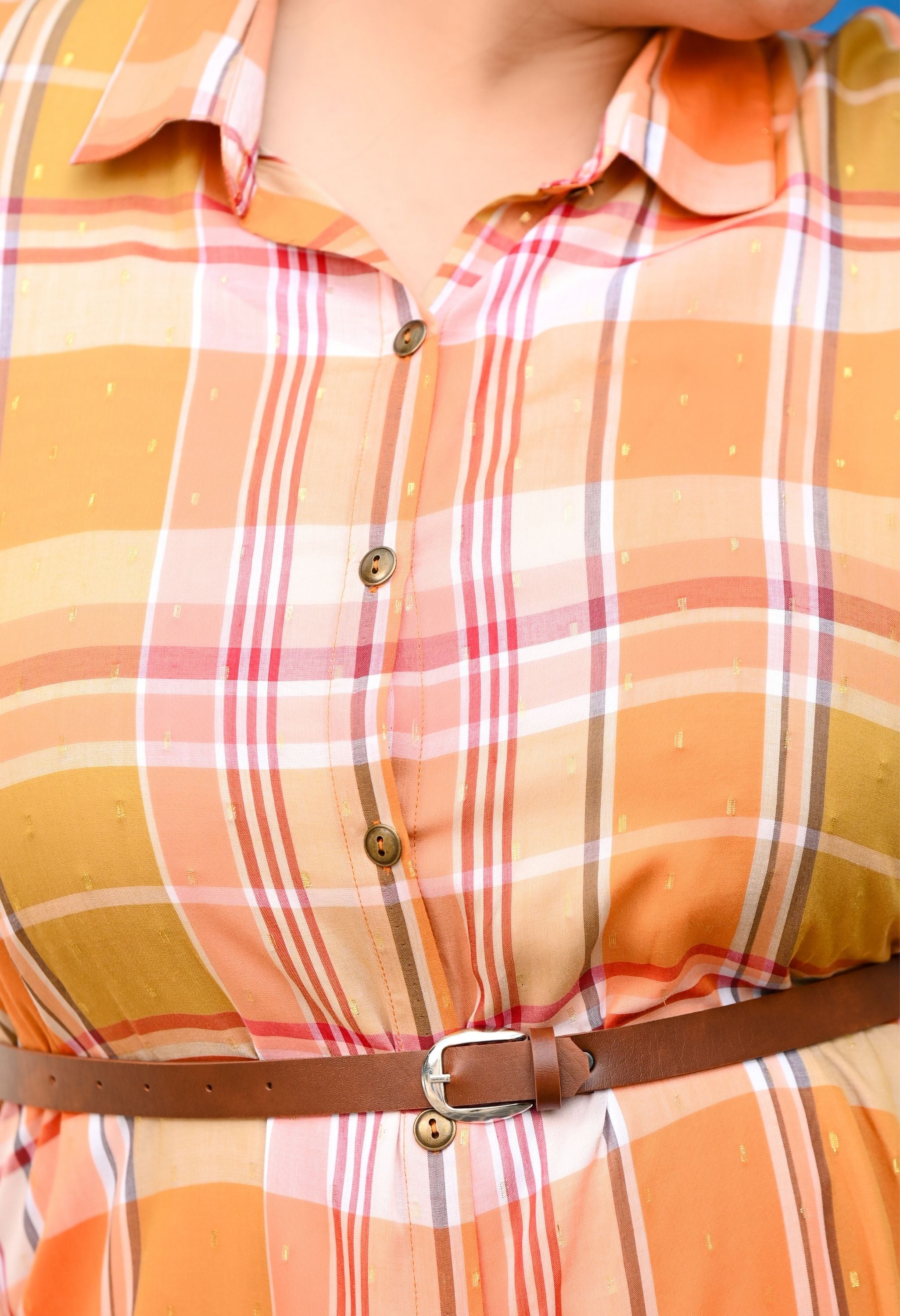 Plus Size Orange Check Shirt Muslin Dress with Belt