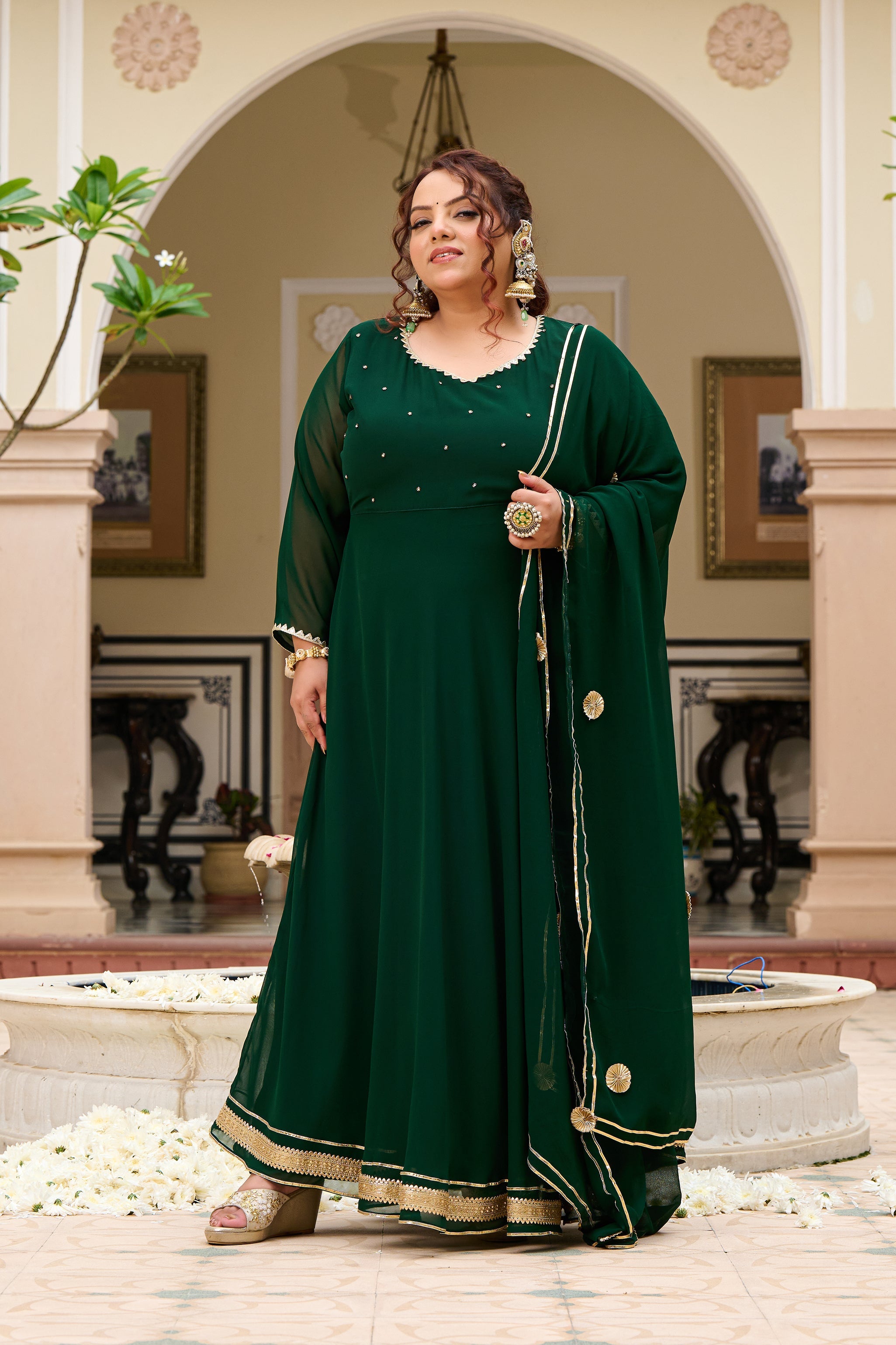 Plus Size Festive Emerald Green Georgette Anarkali Set with Hand Embellishments