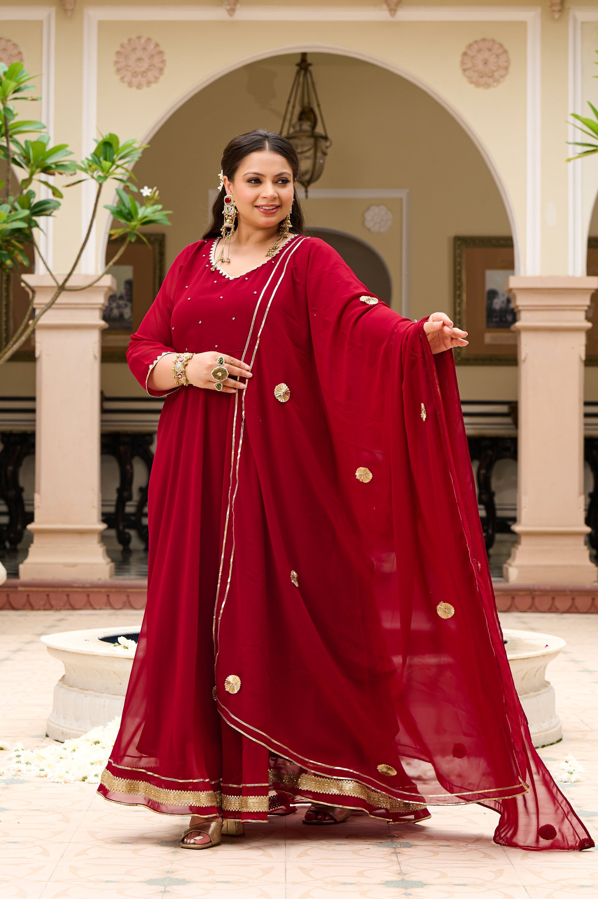 Plus Size Festive Maroon Georgette Anarkali Set with Hand Embellishments