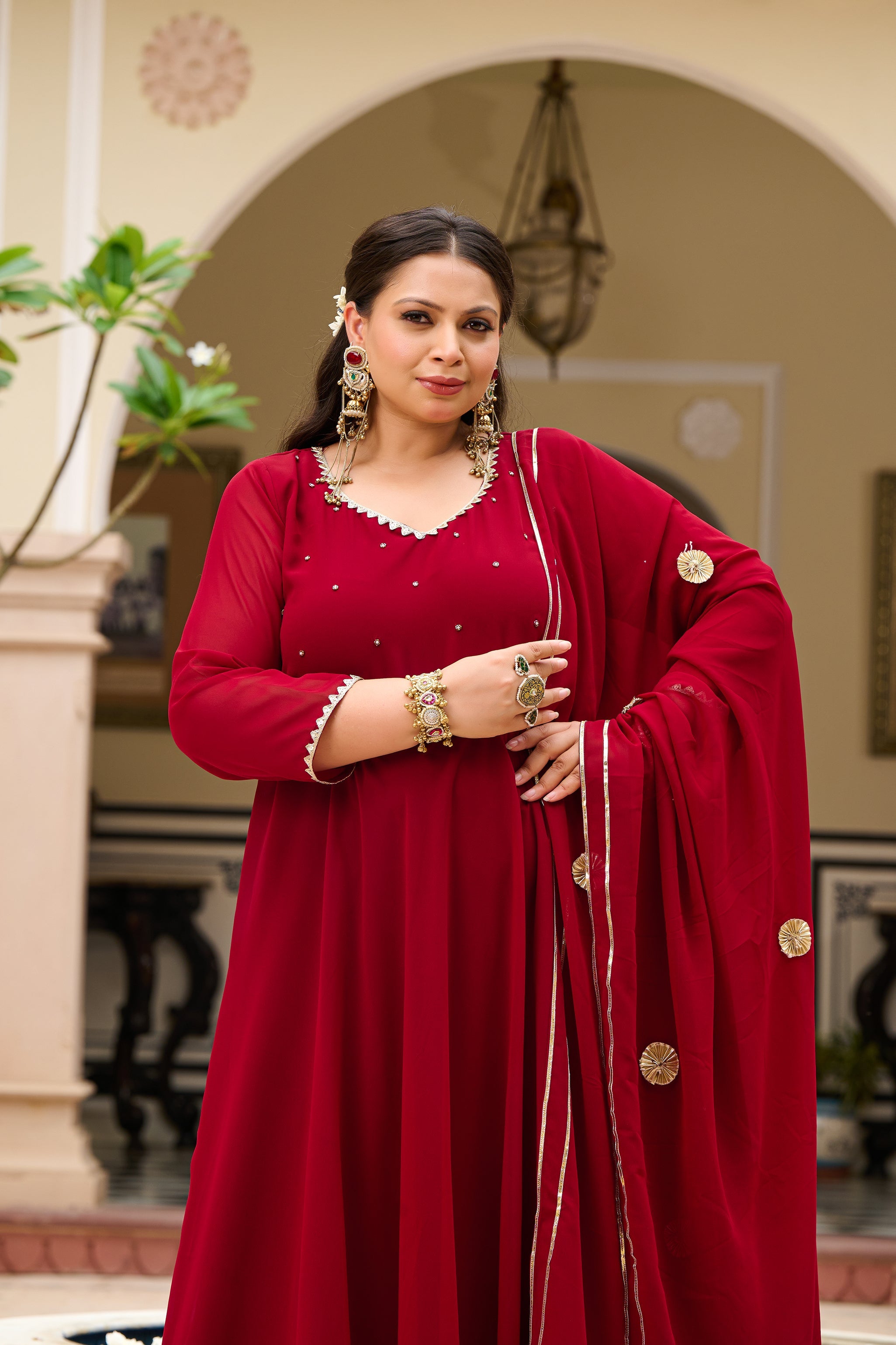 Plus Size Festive Maroon Georgette Anarkali Set with Hand Embellishments