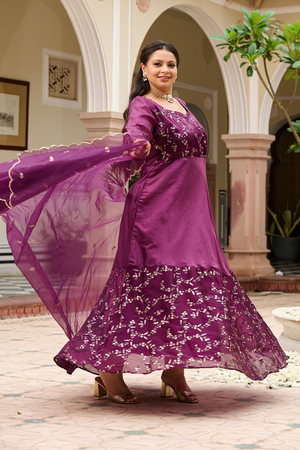 Plus Size Majestic Wine Embellished Anarkali with Organza Dupatta