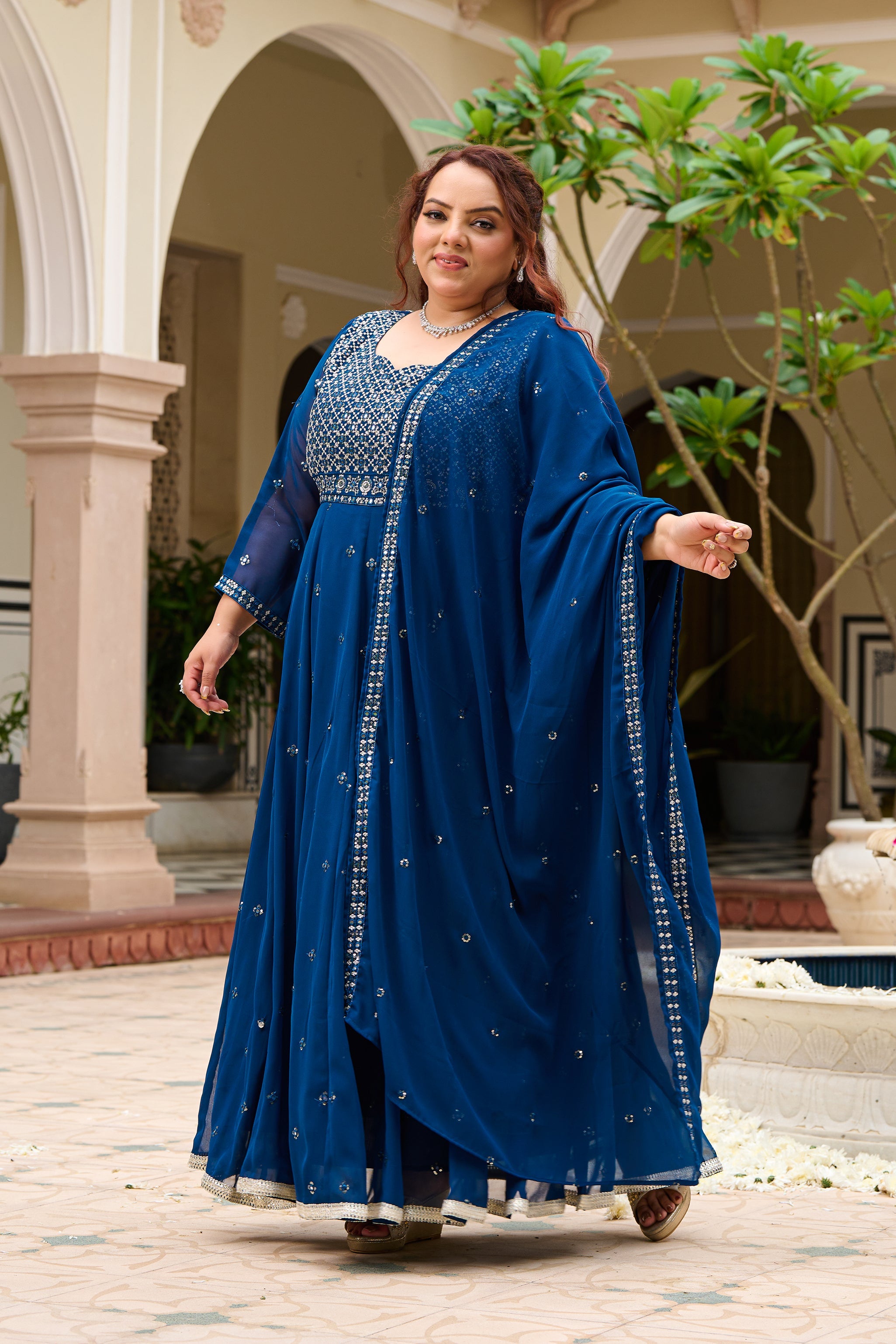 Plus Size Mehr Jaal Mirror Embroidered Teal Blue Anarkali with Dupatta