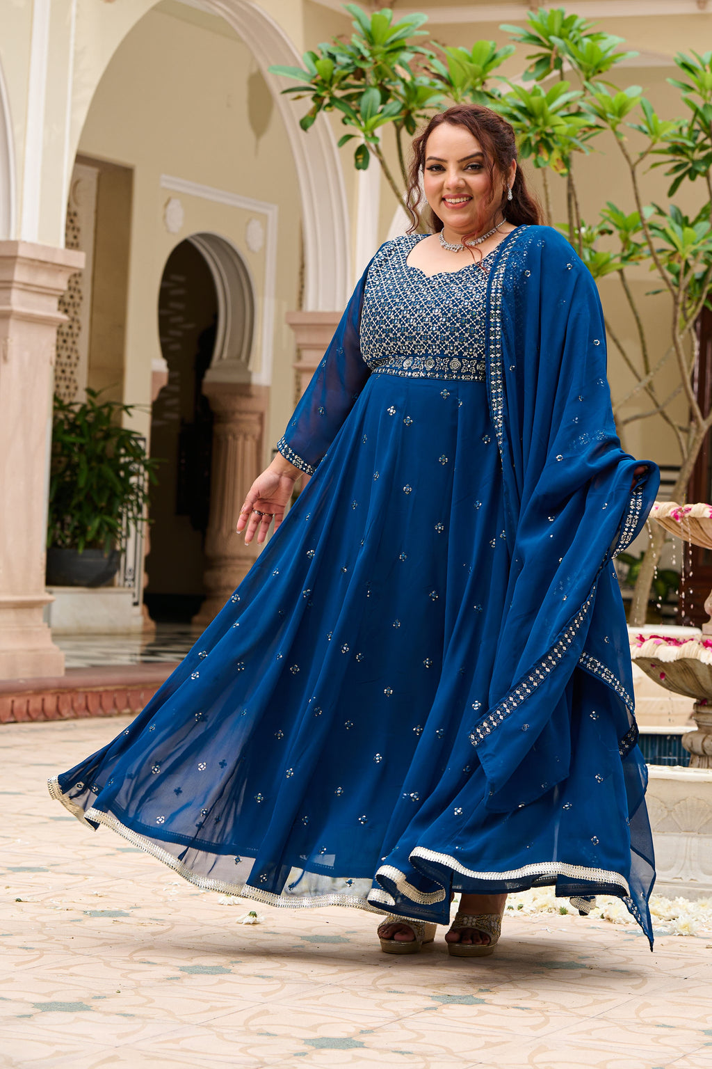 Plus Size Mehr Jaal Mirror Embroidered Teal Blue Anarkali with Dupatta