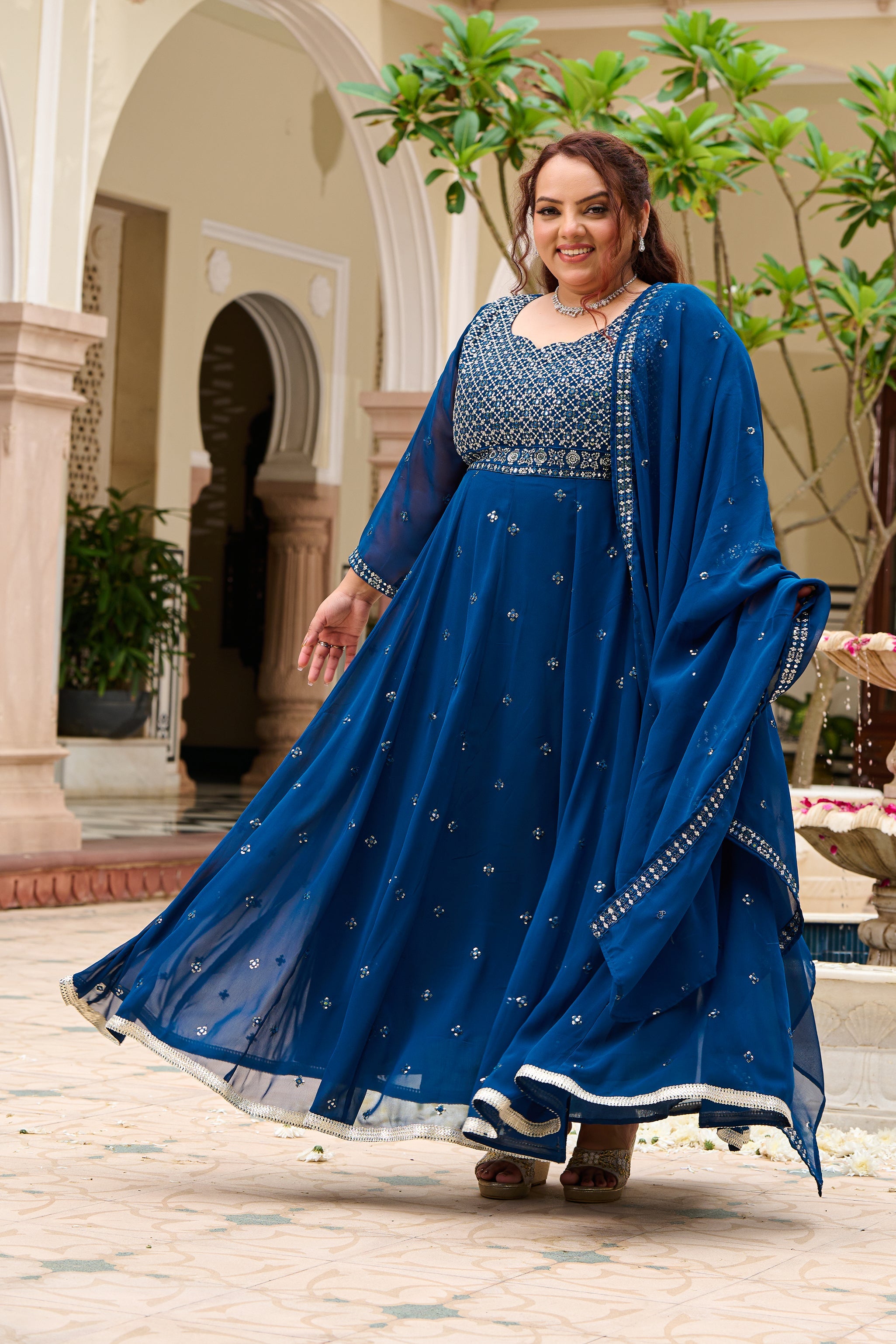 Plus Size Mehr Jaal Mirror Embroidered Teal Blue Anarkali with Dupatta