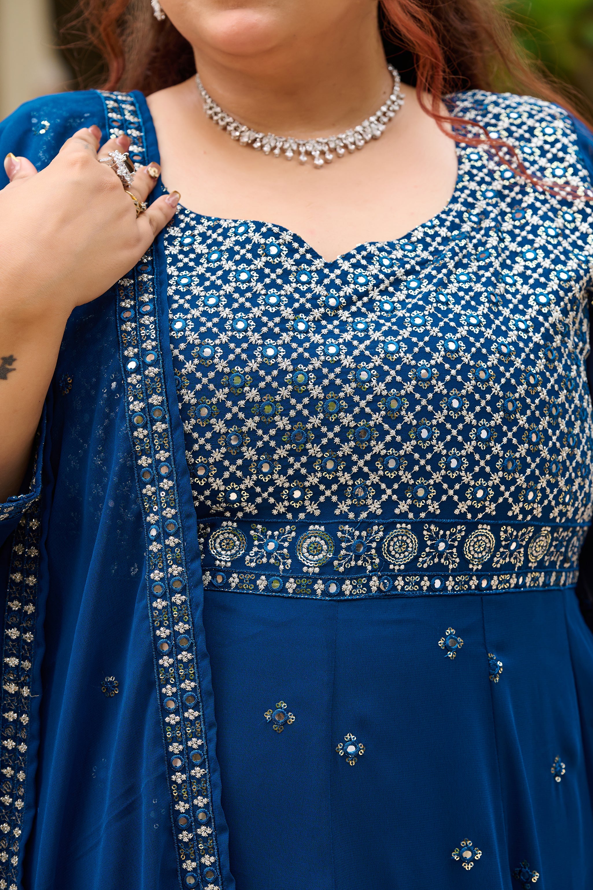 Plus Size Mehr Jaal Mirror Embroidered Teal Blue Anarkali with Dupatta