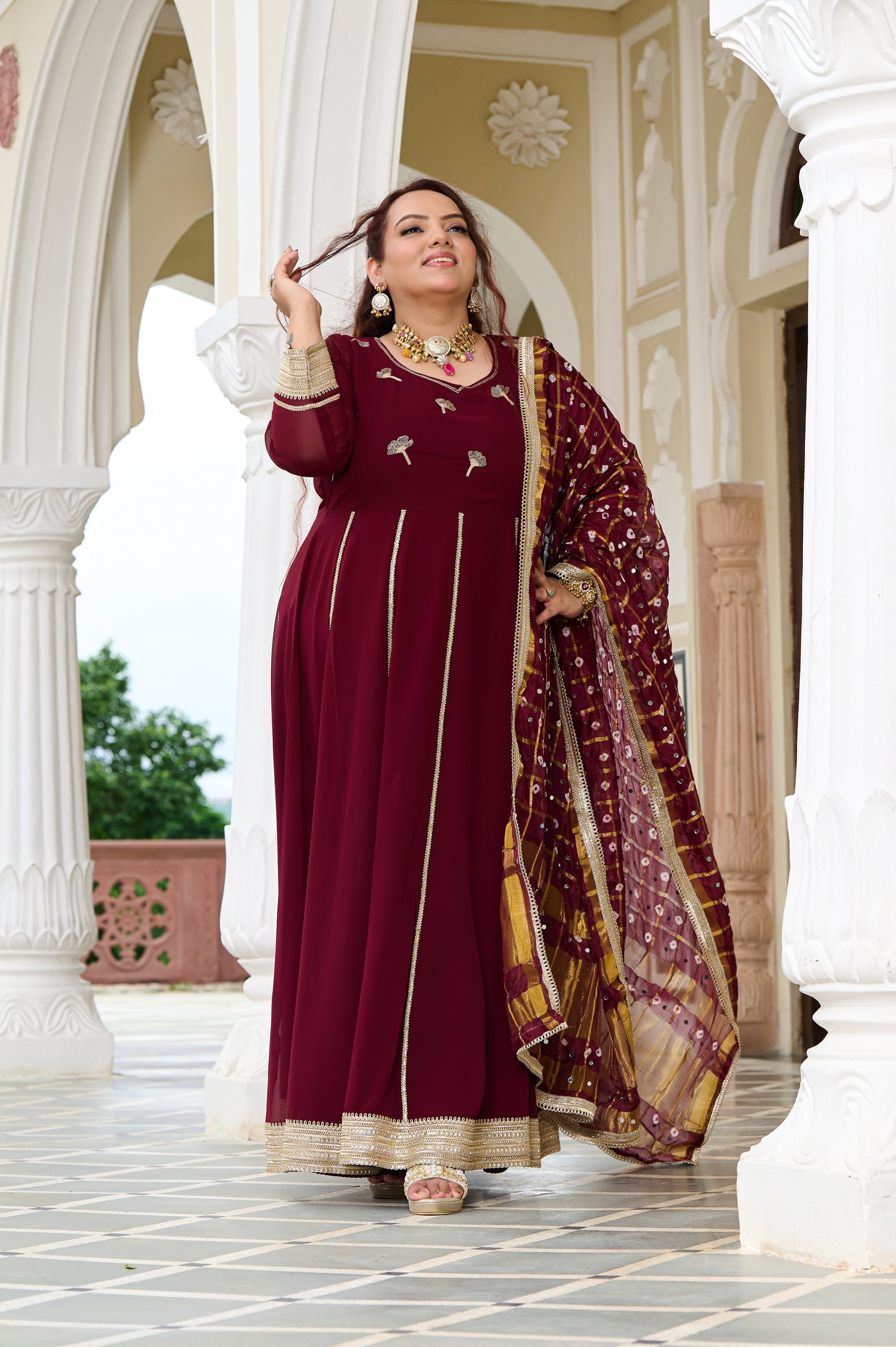 Plus Size Wine Glow Embellished Anarkali with Mirror work Dupatta