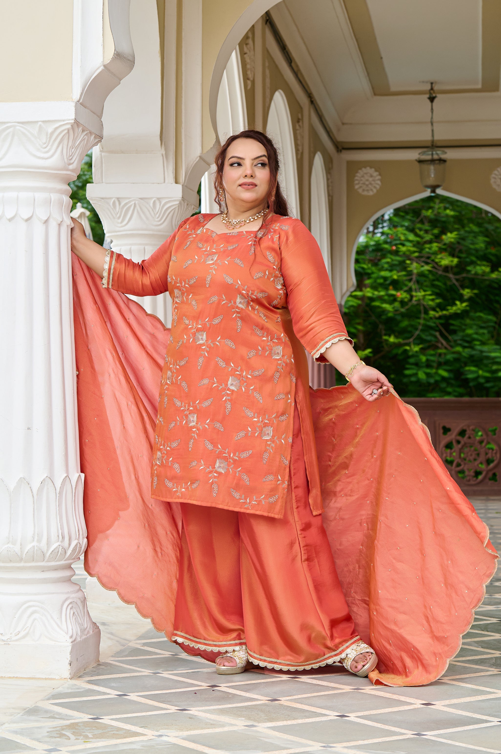 Plus Size Exclusive Sunset Glow Hand-Embroidered Orange Kurta Set with Scalloped Dupatta