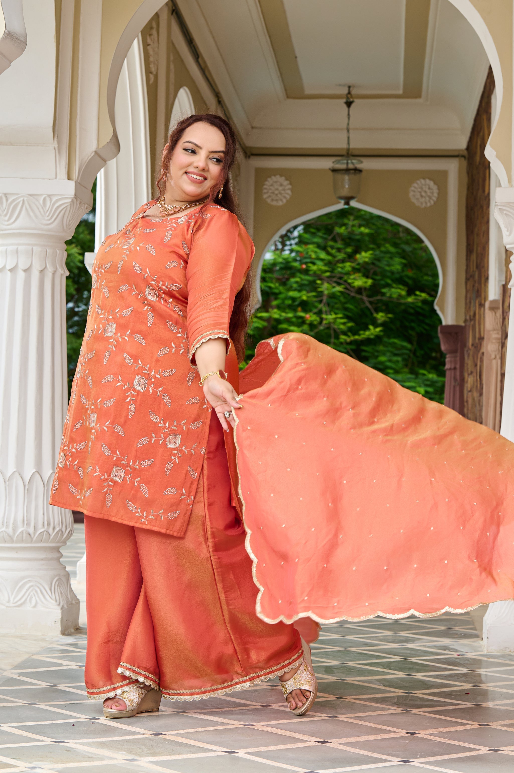 Plus Size Exclusive Sunset Glow Hand-Embroidered Orange Kurta Set with Scalloped Dupatta