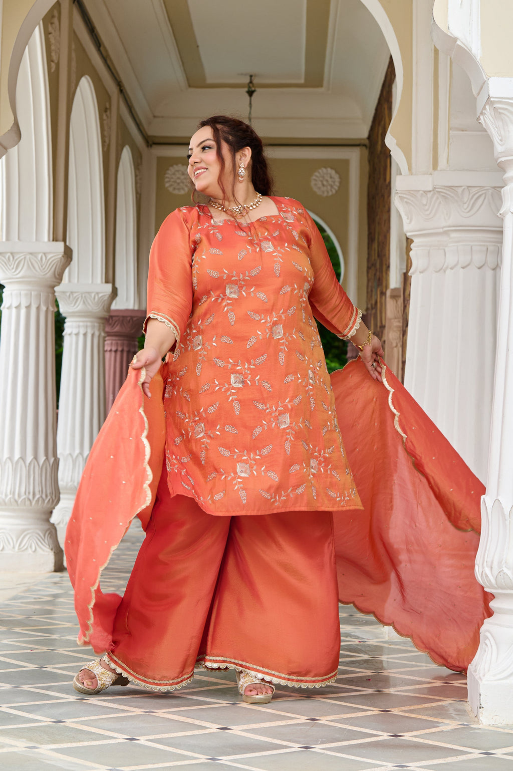 Plus Size Exclusive Sunset Glow Hand-Embroidered Orange Kurta Set with Scalloped Dupatta