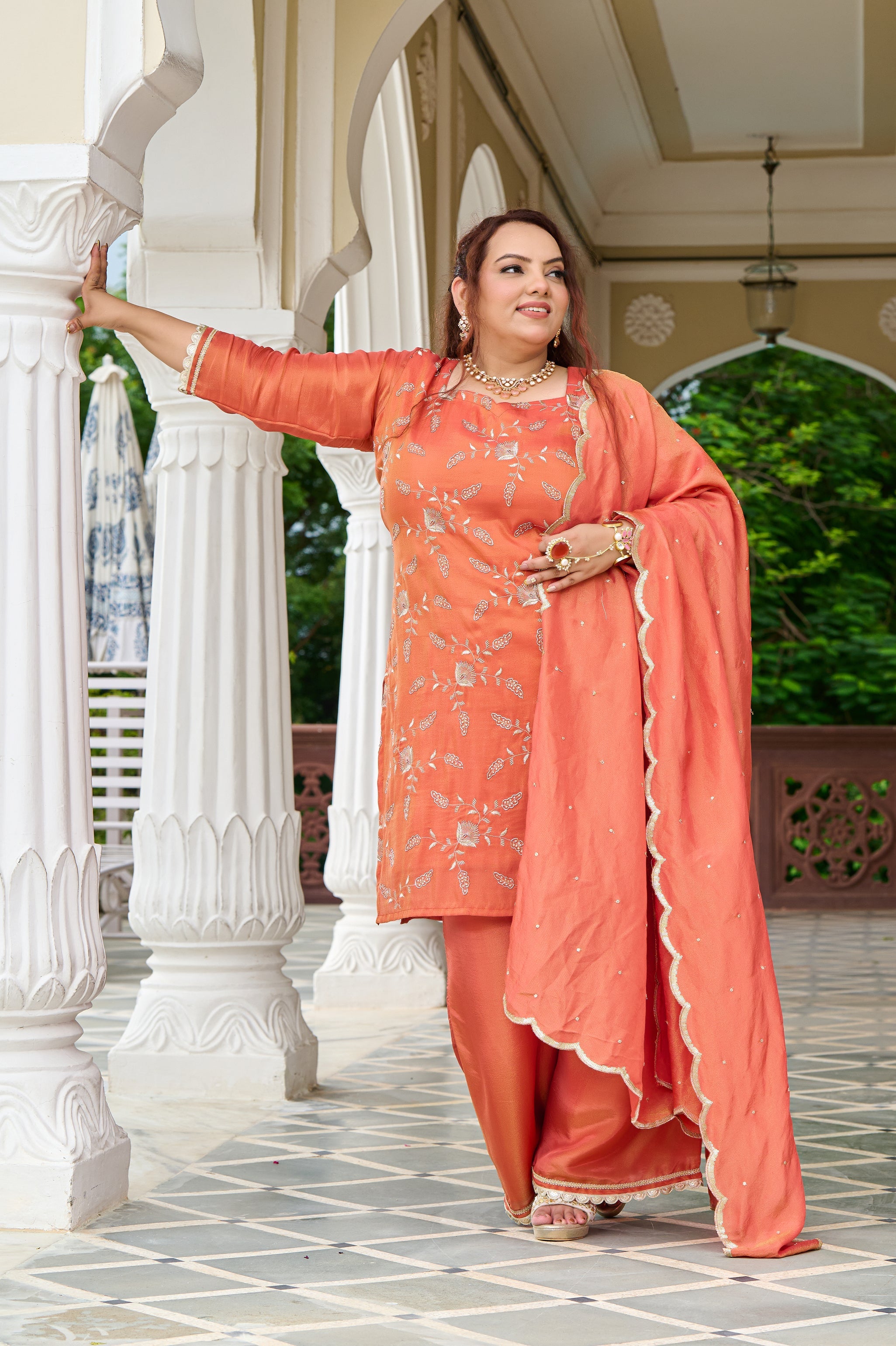 Plus Size Exclusive Sunset Glow Hand-Embroidered Orange Kurta Set with Scalloped Dupatta