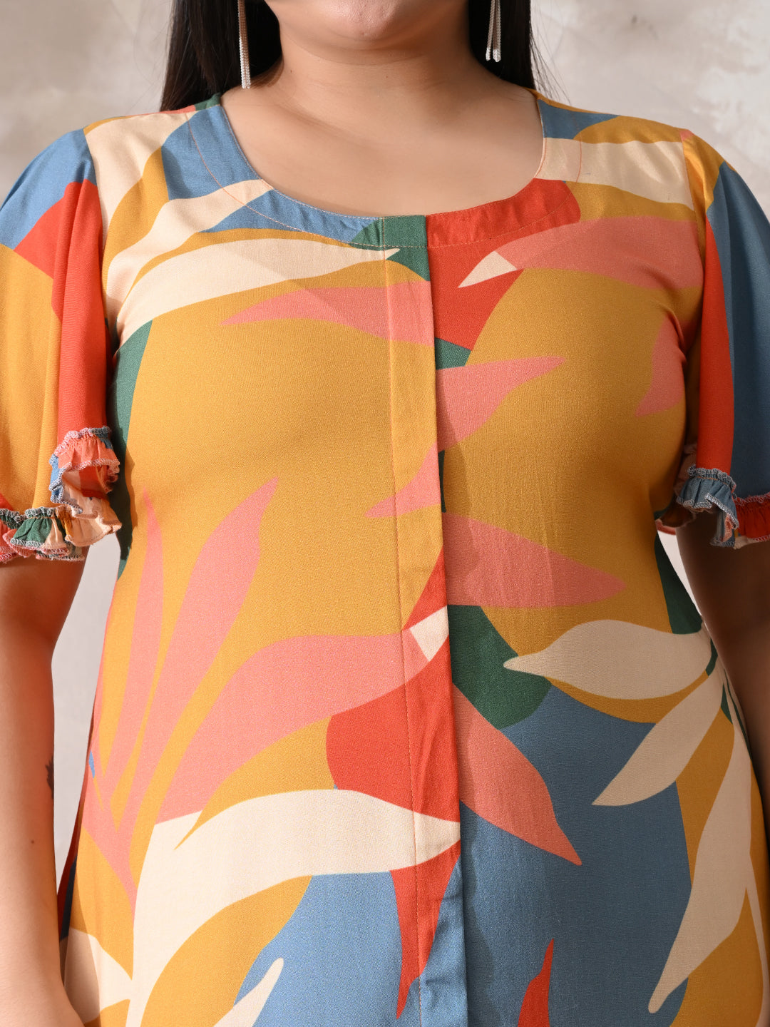 Multi-Color Tropical Print Rayon Midi Dress with Ruffle Hem