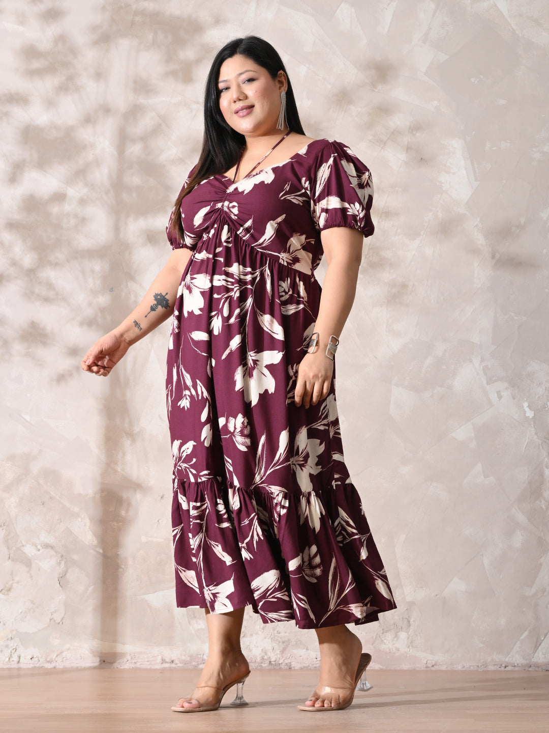 Burgundy Bloom Rayon Ruched Midi Dress