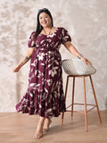 Burgundy Bloom Rayon Ruched Midi Dress
