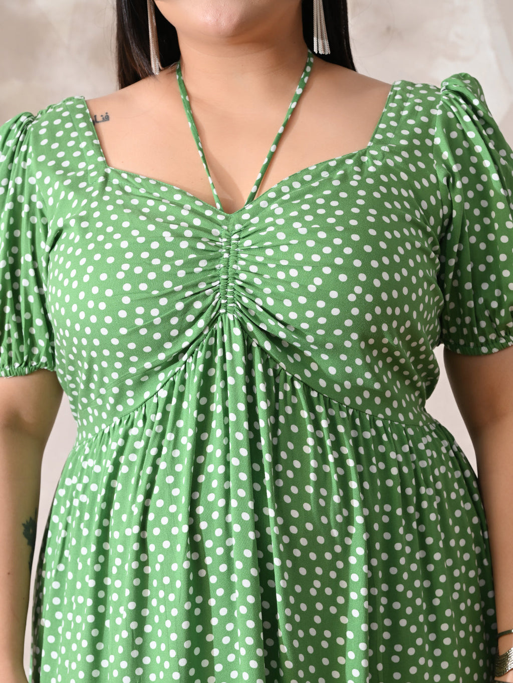 Polka Charm Green Rayon Ruched Midi Dress