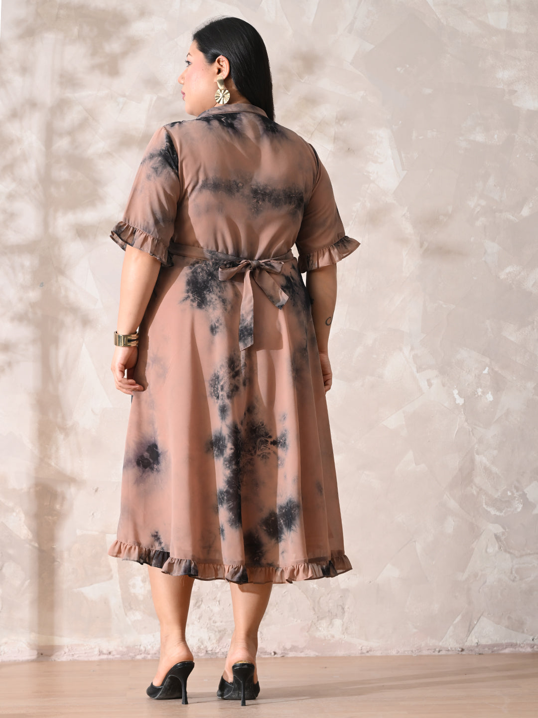 Statement Nude Tie-Dye Georgette Dress with Romantic Ruffle Hem