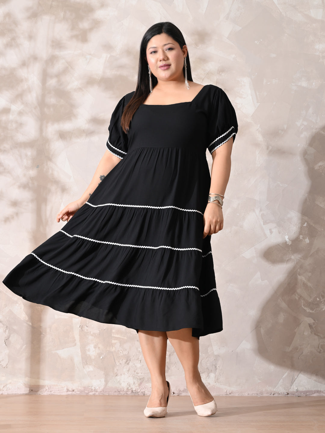 Classic Black Rayon Dress with White Contrast Lace & Flowy Silhouette
