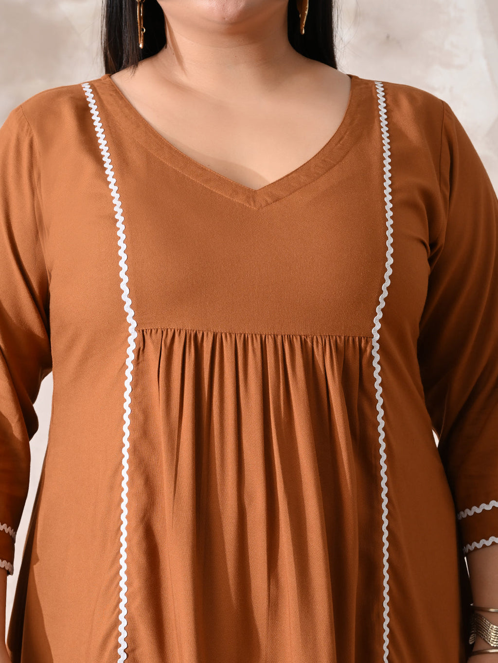 Terracotta Tone Rayon Midi Dress with Contrast Lace Detailing