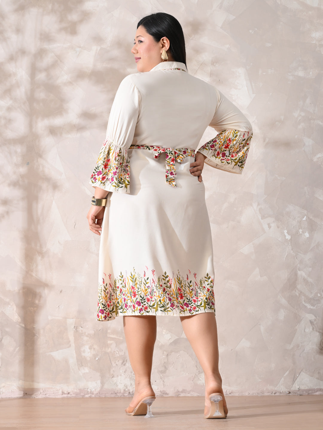 Ivory Floral Rayon Midi Dress with Border Print & Flowy Fit