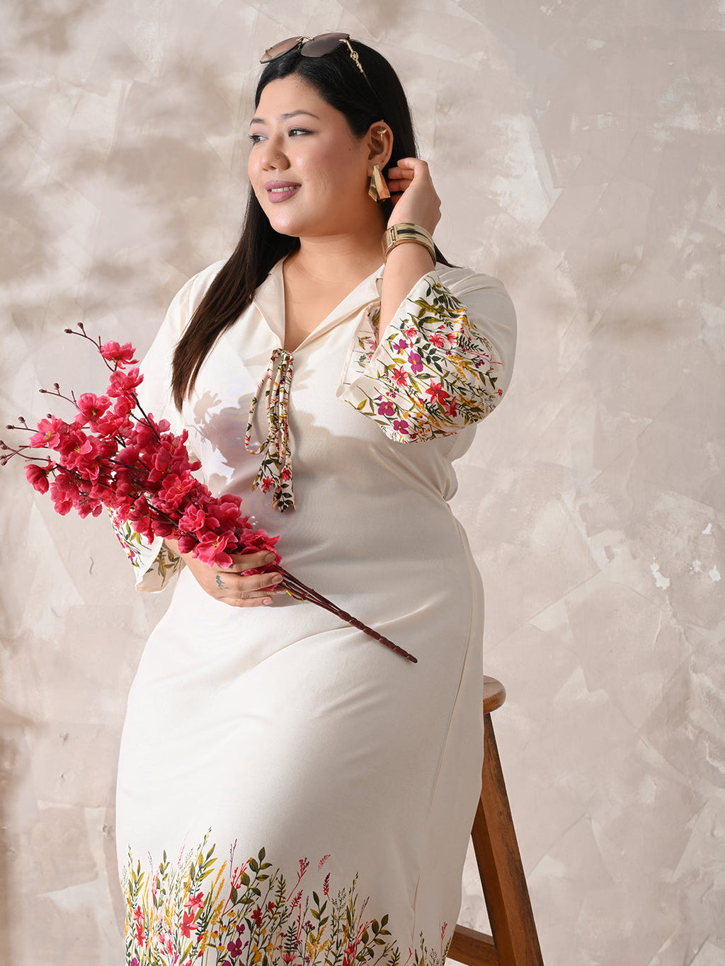 Ivory Floral Rayon Midi Dress with Border Print & Flowy Fit