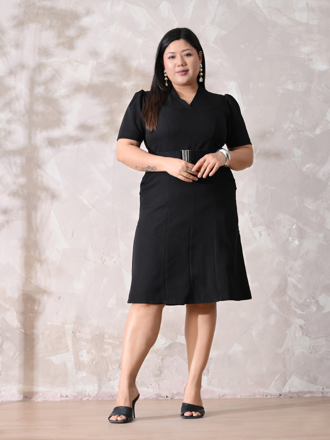 Classic Black Luxury Belted Black Scuba Dress