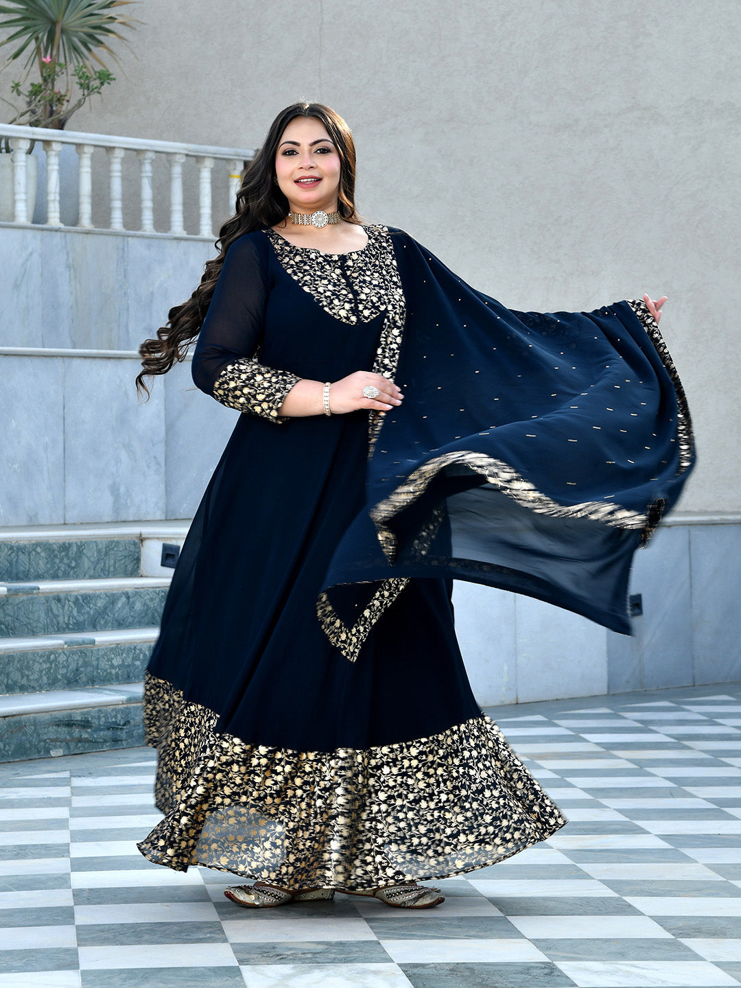 Regal Navy Blue Georgette Anarkali with Dupatta