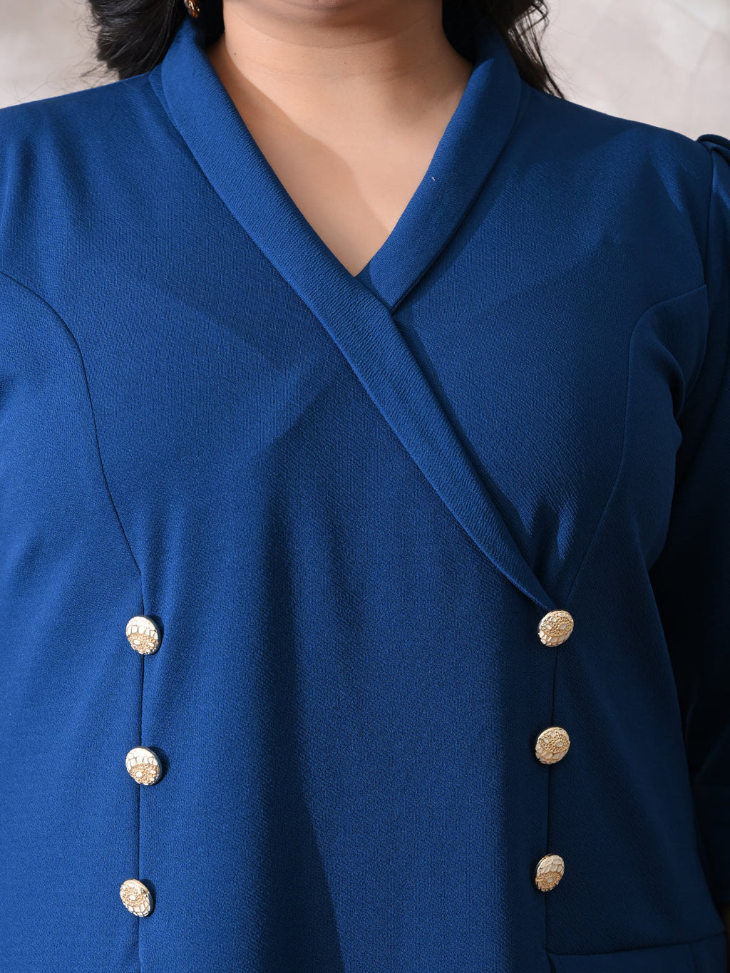Power Blue Midi Dress with Double-Breasted Button Detail