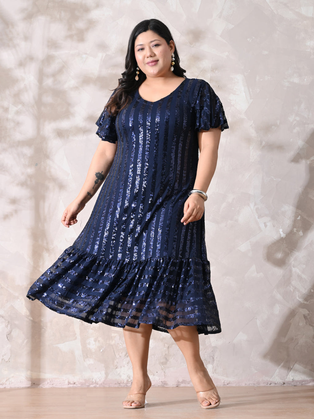 Midnight Navy Sequin Striped Lycra Dress with Flowy Ruffle Hem