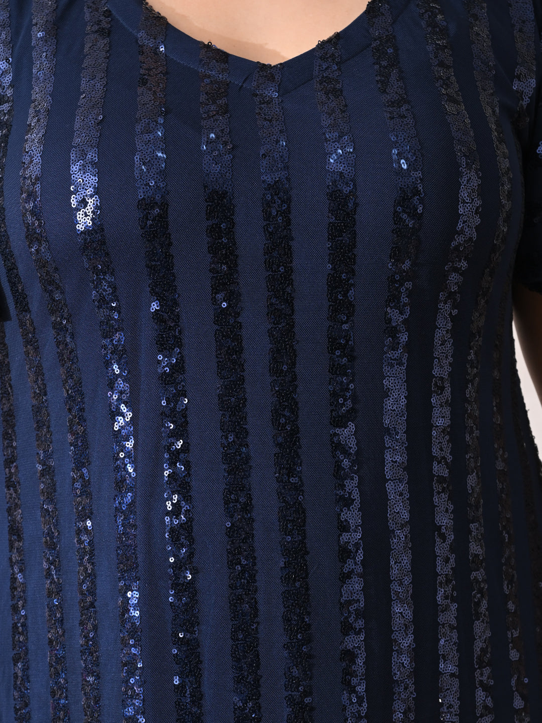 Midnight Navy Sequin Striped Lycra Dress with Flowy Ruffle Hem
