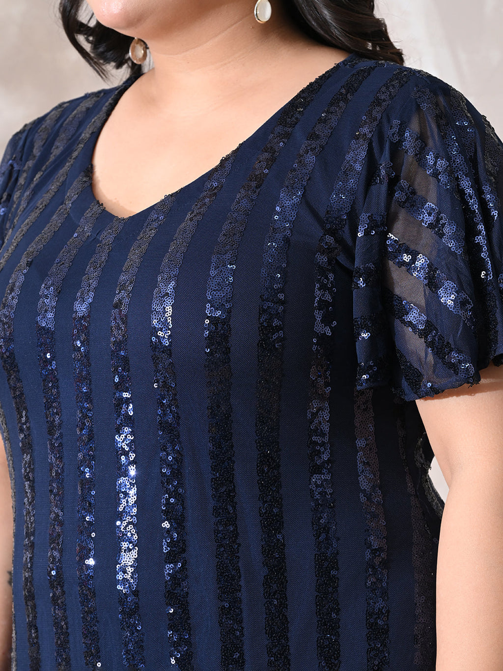 Midnight Navy Sequin Striped Lycra Dress with Flowy Ruffle Hem