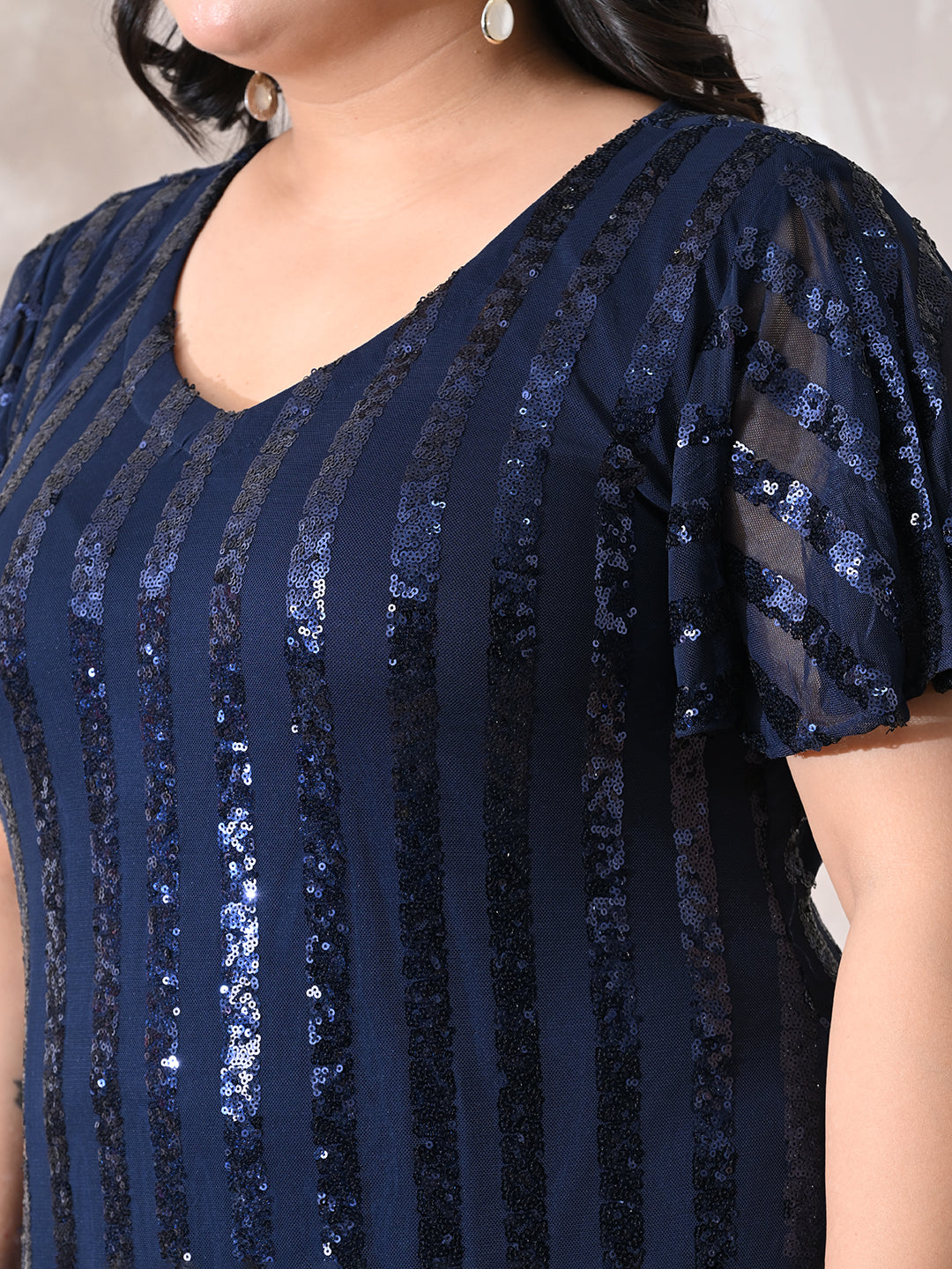 Midnight Navy Sequin Striped Lycra Dress with Flowy Ruffle Hem