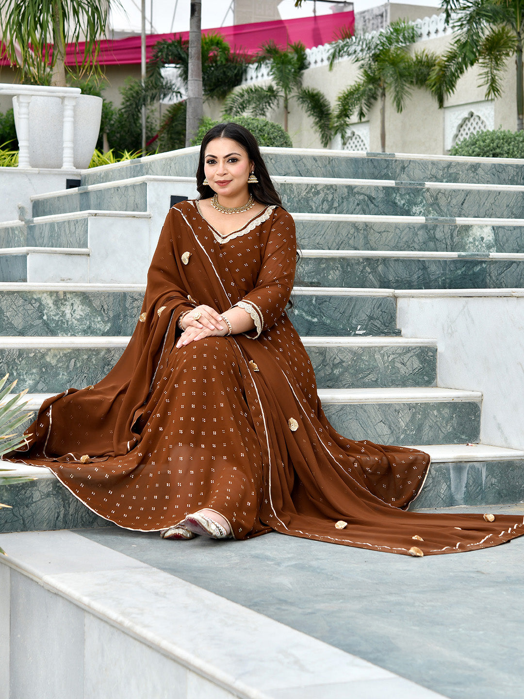 Zarmina Cocoa Mukaish Georgette Anarkali with Dupatta