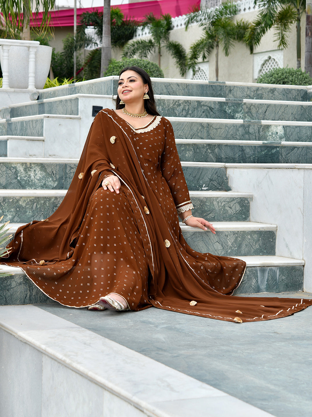 Zarmina Cocoa Mukaish Georgette Anarkali with Dupatta