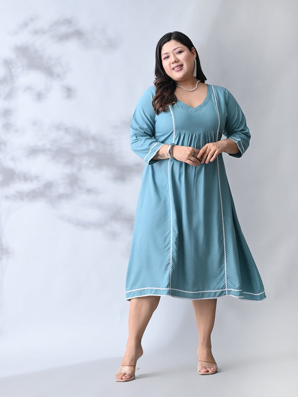 Pastel Sea Green Rayon Midi Dress with Contrast Lace Detailing