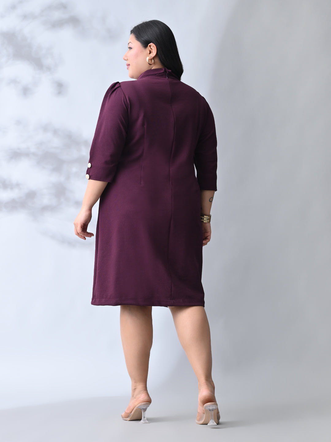 Power Wine Midi Dress with Double-Breasted Button Detail