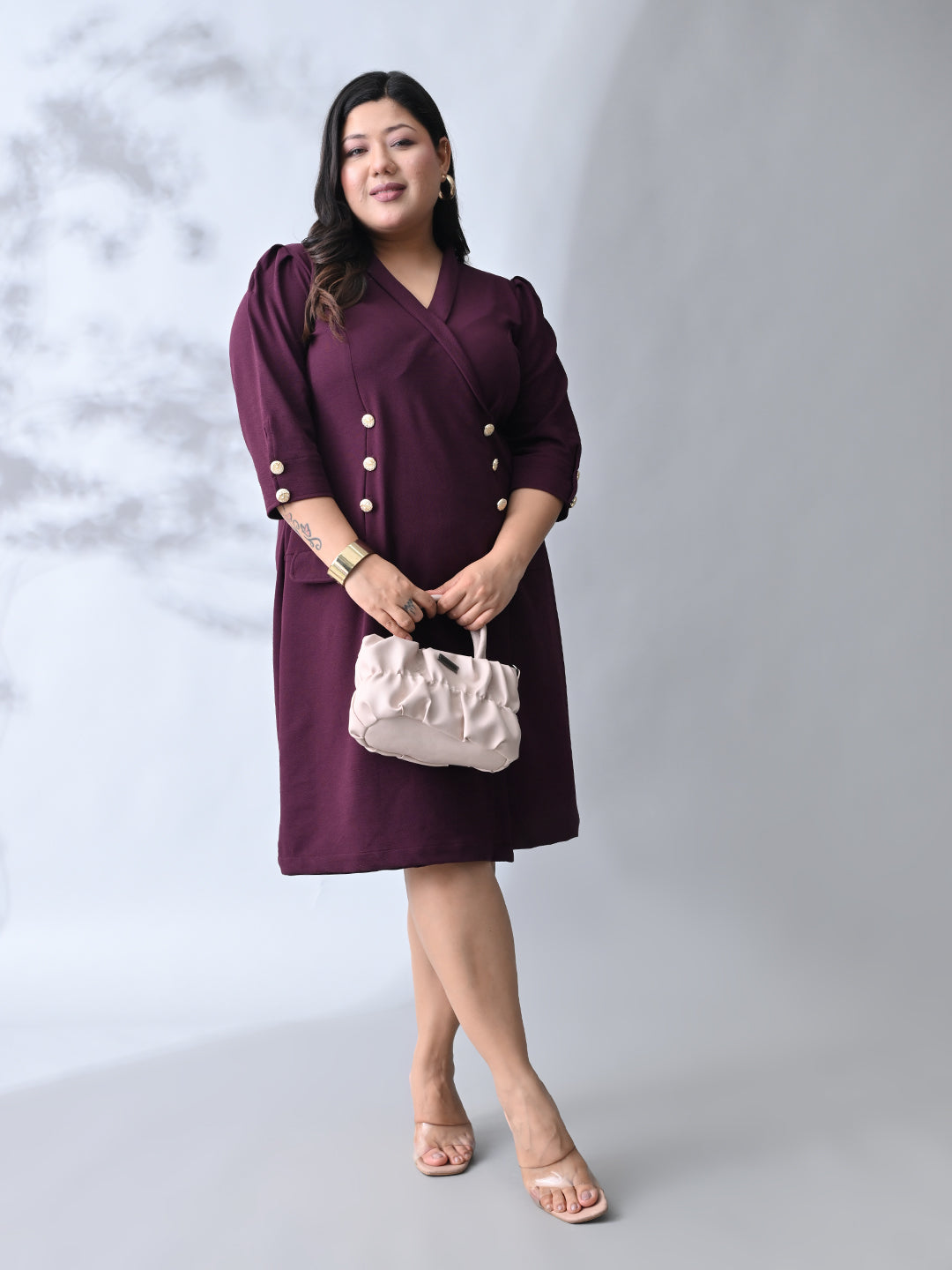Power Wine Midi Dress with Double-Breasted Button Detail